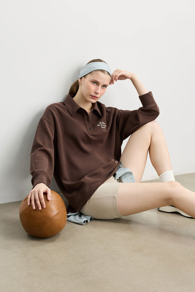 TOZLU KAHVERENGİ POLO YAKA İNCE SWEATSHIRT - Thumbnail