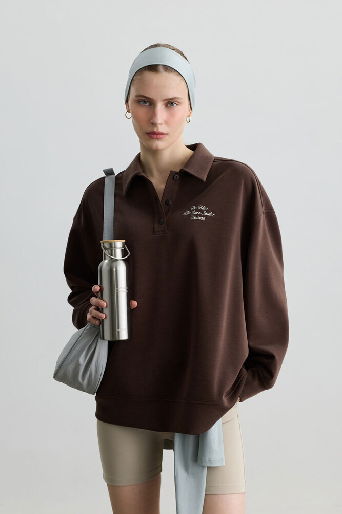 TOZLU KAHVERENGİ POLO YAKA İNCE SWEATSHIRT - Thumbnail
