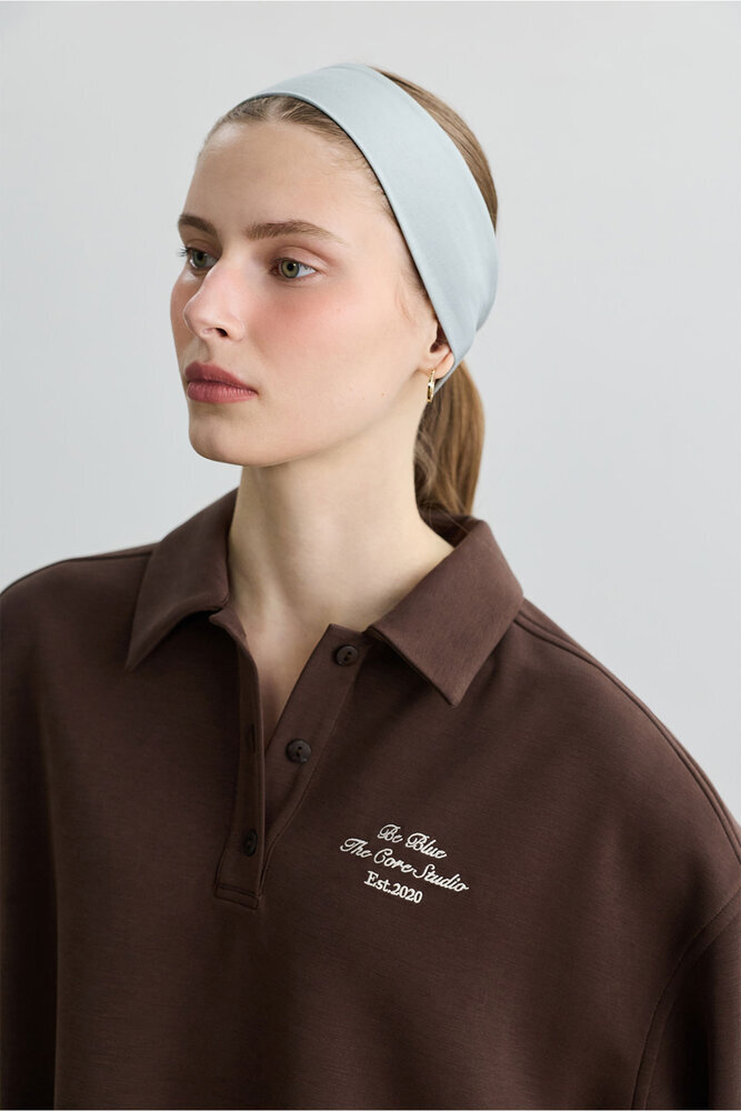 TOZLU KAHVERENGİ POLO YAKA İNCE SWEATSHIRT - Thumbnail