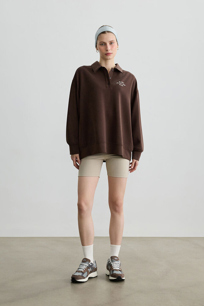 TOZLU KAHVERENGİ POLO YAKA İNCE SWEATSHIRT - Thumbnail