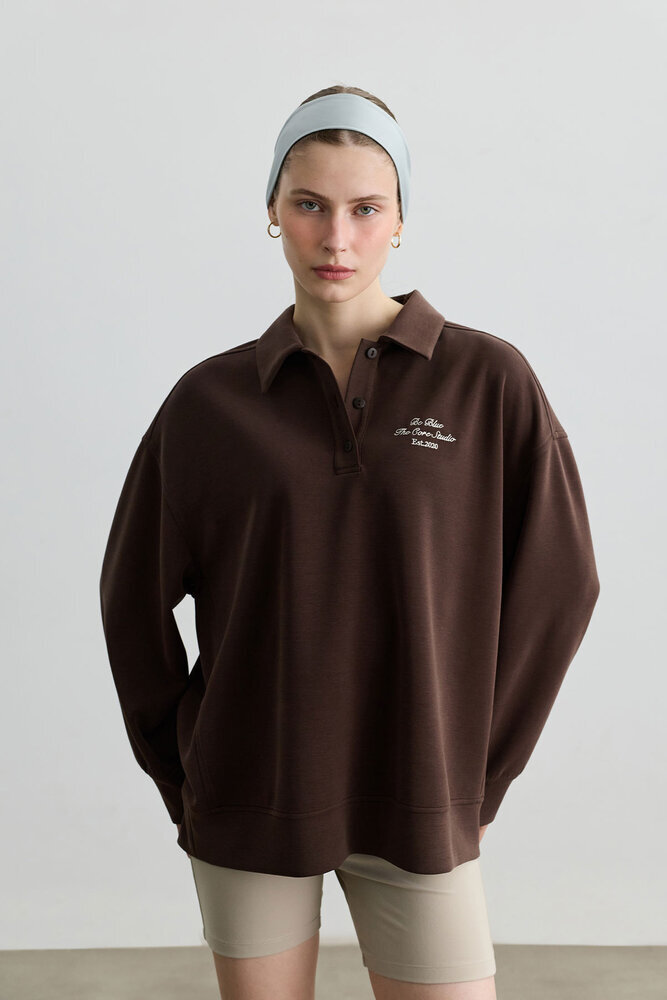 TOZLU KAHVERENGİ POLO YAKA İNCE SWEATSHIRT - Thumbnail