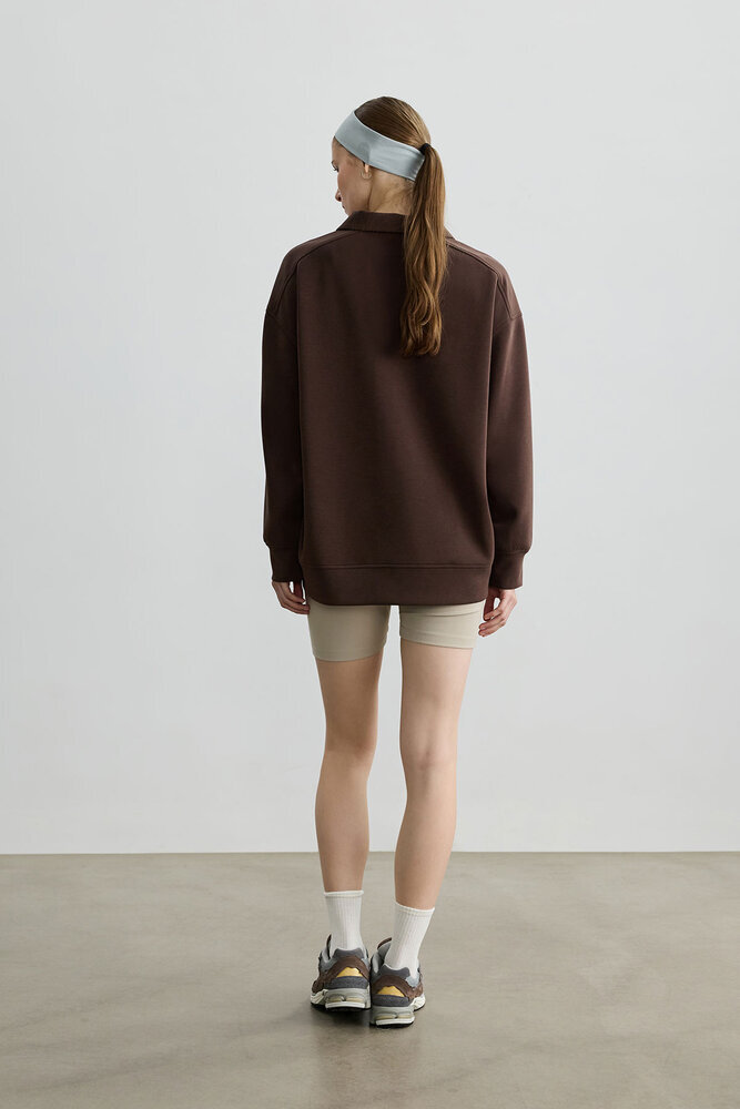TOZLU KAHVERENGİ POLO YAKA İNCE SWEATSHIRT - Thumbnail