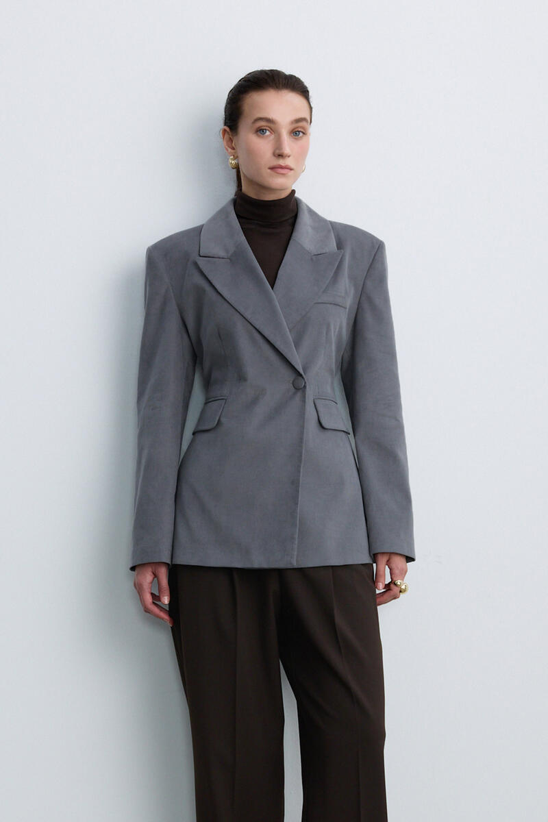 TOZLU MAVİ KADİFE BLAZER