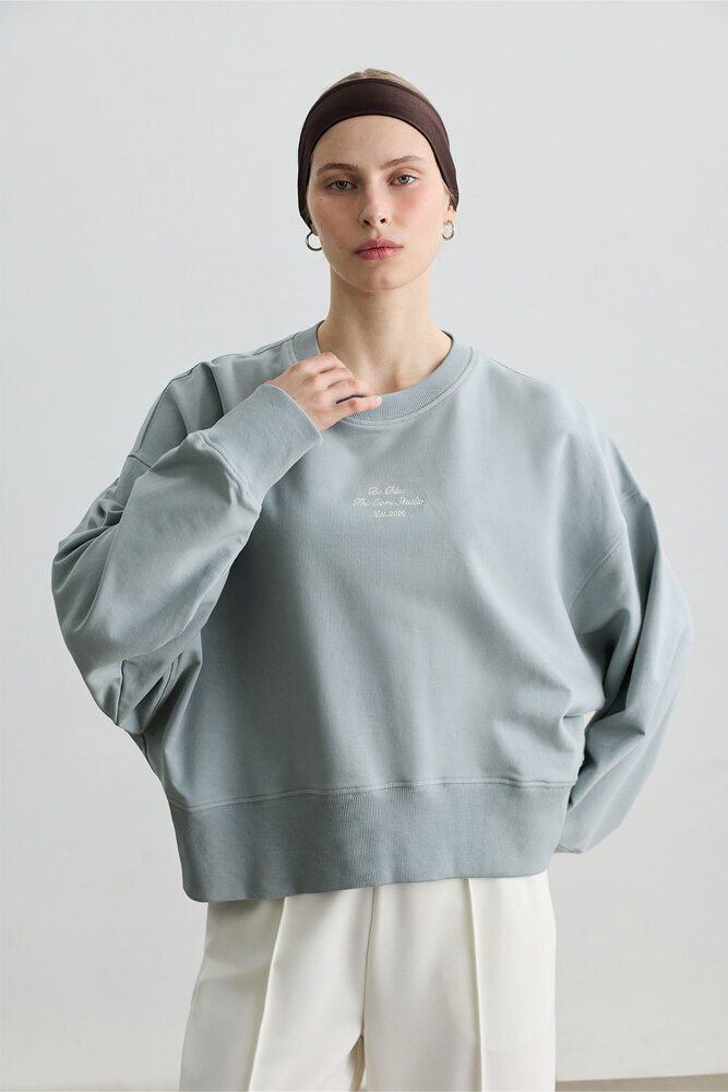 TOZLU MAVİ OVERSIZE BOXY SWEATSHIRT - Thumbnail