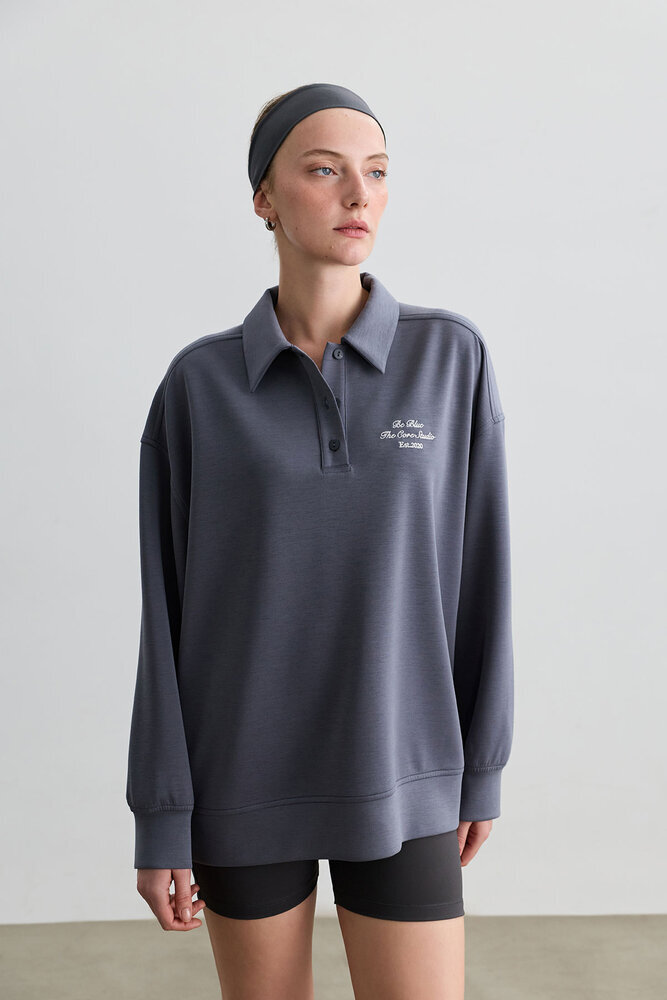 BE BLUE - TOZLU MAVİ POLO YAKA İNCE SWEATSHIRT (1)