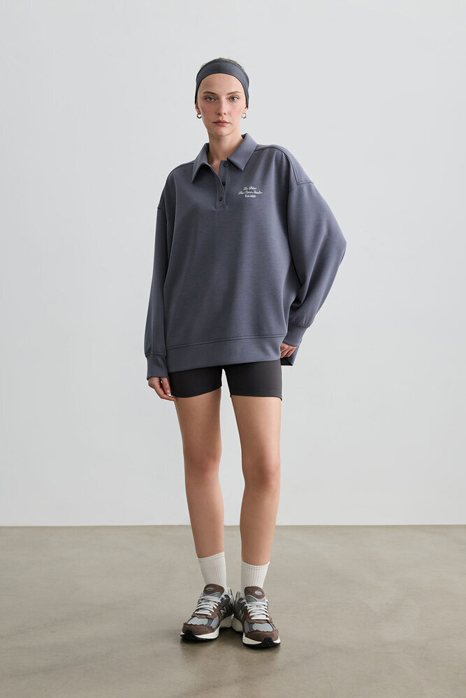 TOZLU MAVİ POLO YAKA İNCE SWEATSHIRT - Thumbnail