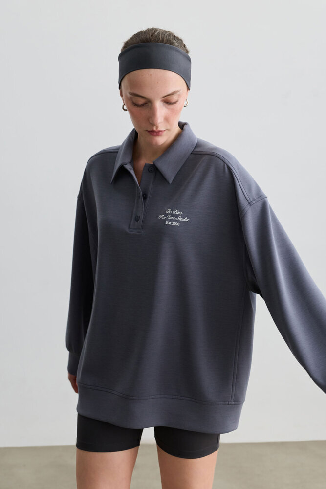 TOZLU MAVİ POLO YAKA İNCE SWEATSHIRT - Thumbnail