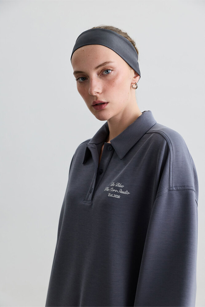 TOZLU MAVİ POLO YAKA İNCE SWEATSHIRT - Thumbnail
