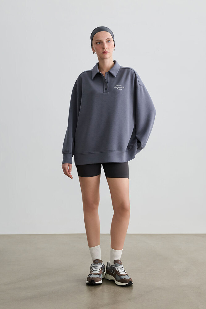 TOZLU MAVİ POLO YAKA İNCE SWEATSHIRT - Thumbnail