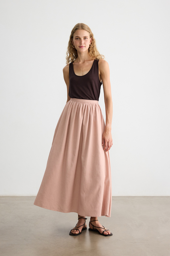 BE BLUE - TOZLU PEMBE BELİ BÜZGÜLÜ PAMUK KETEN ETEK (1)