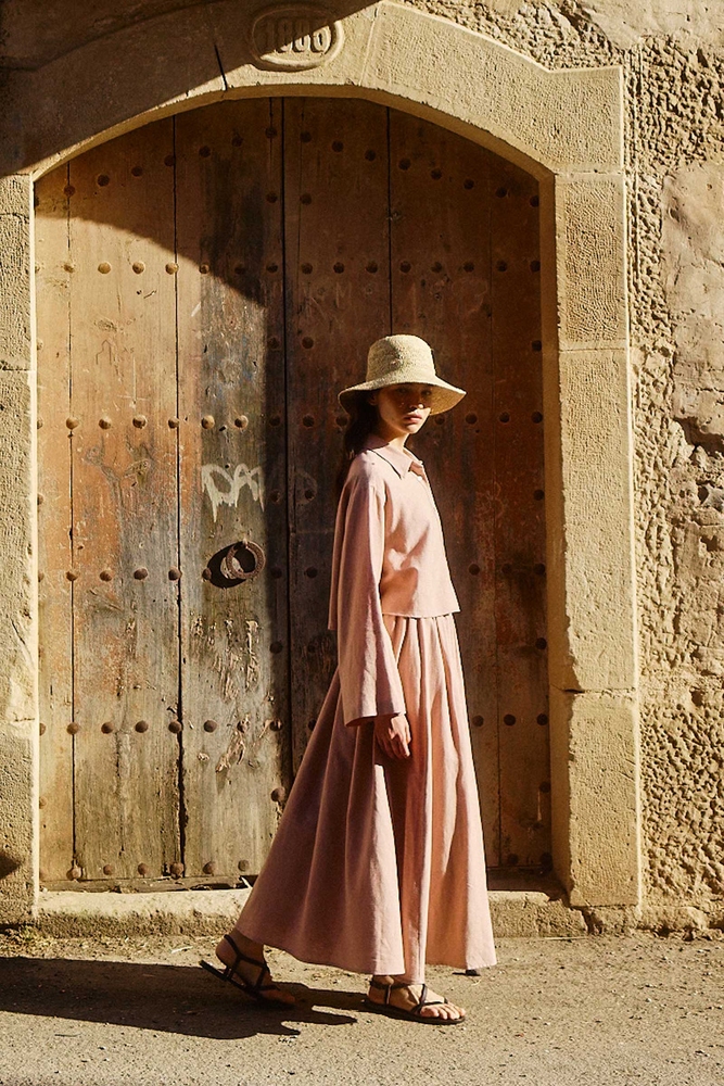 BE BLUE - TOZLU PEMBE BELİ BÜZGÜLÜ PAMUK KETEN ETEK