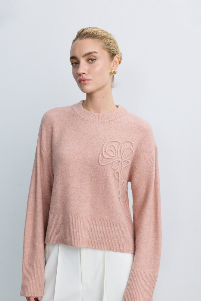 BE BLUE - TOZLU PEMBE ÇİÇEK DETAYLI TRİKO KAZAK