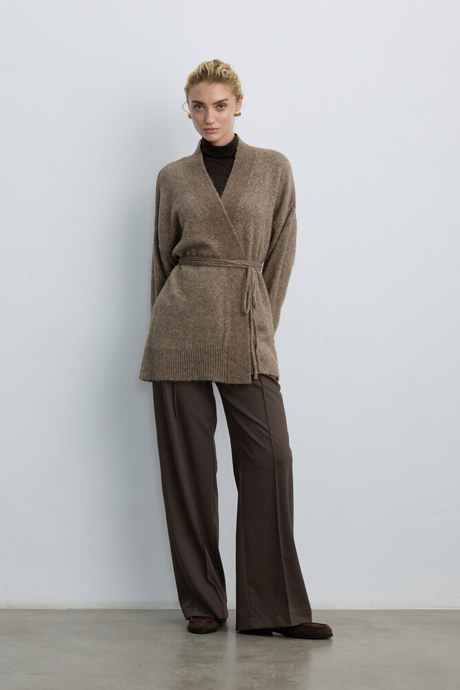 BE BLUE - VİZON İNCE KUŞAKLI KİMONO HIRKA