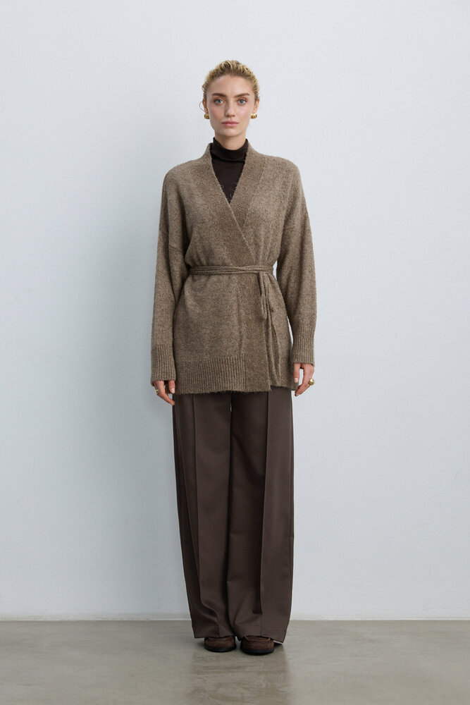 BE BLUE - VİZON İNCE KUŞAKLI KİMONO HIRKA