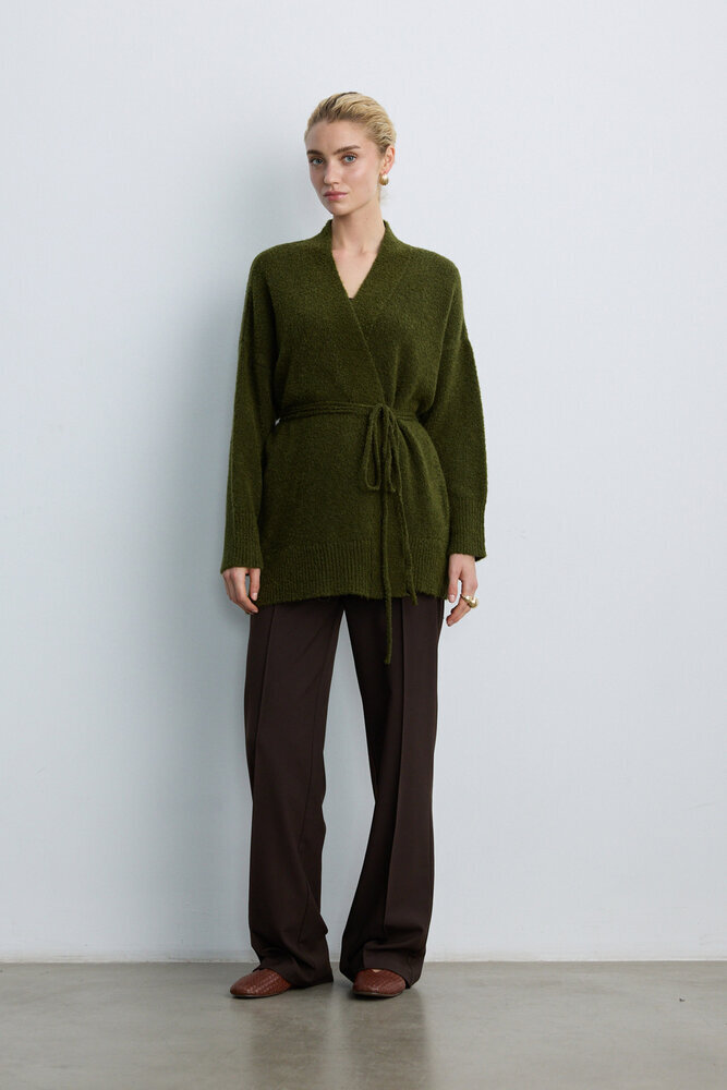 BE BLUE - YAĞ YEŞİLİ İNCE KUŞAKLI KİMONO HIRKA