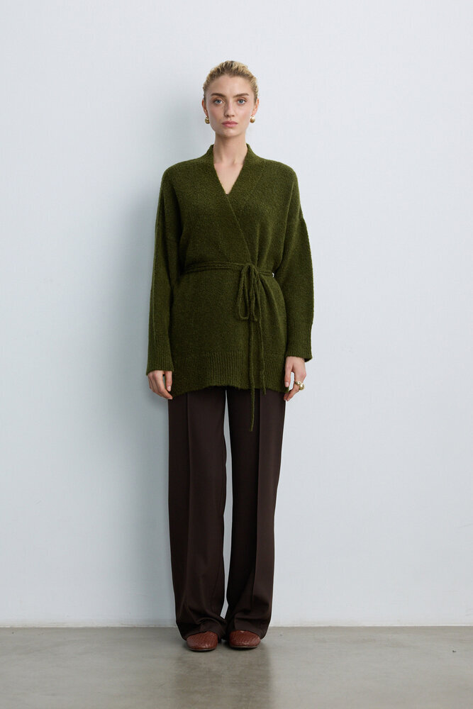 BE BLUE - YAĞ YEŞİLİ İNCE KUŞAKLI KİMONO HIRKA