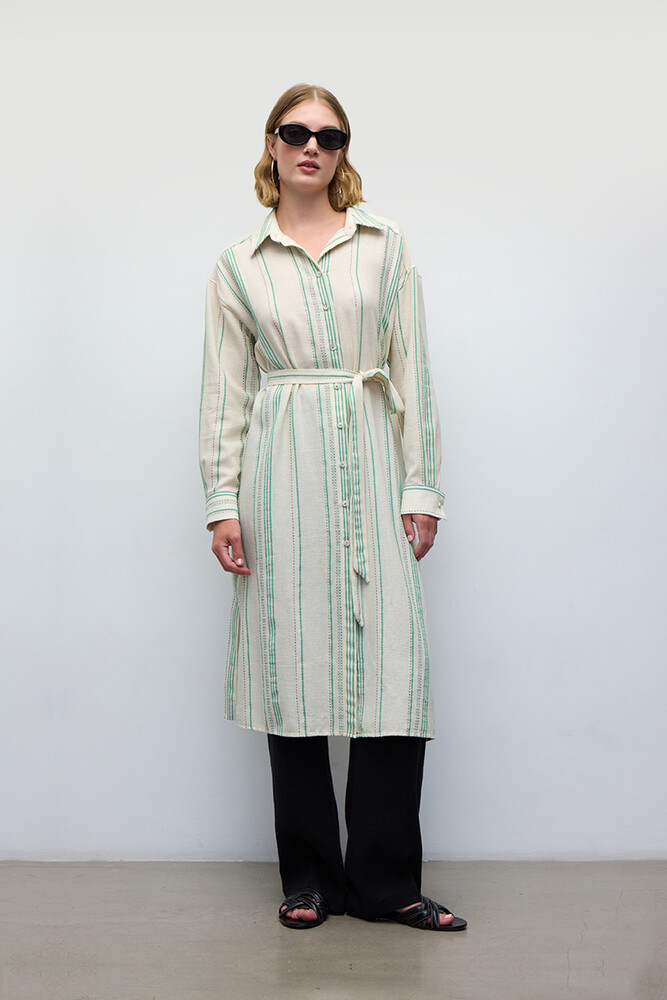 BE BLUE - YEŞİL ÇİZGİLİ UZUN GÖMLEK