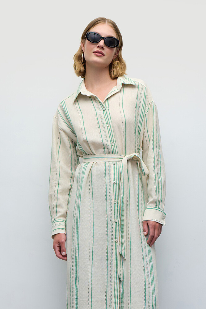 BE BLUE - YEŞİL ÇİZGİLİ UZUN GÖMLEK