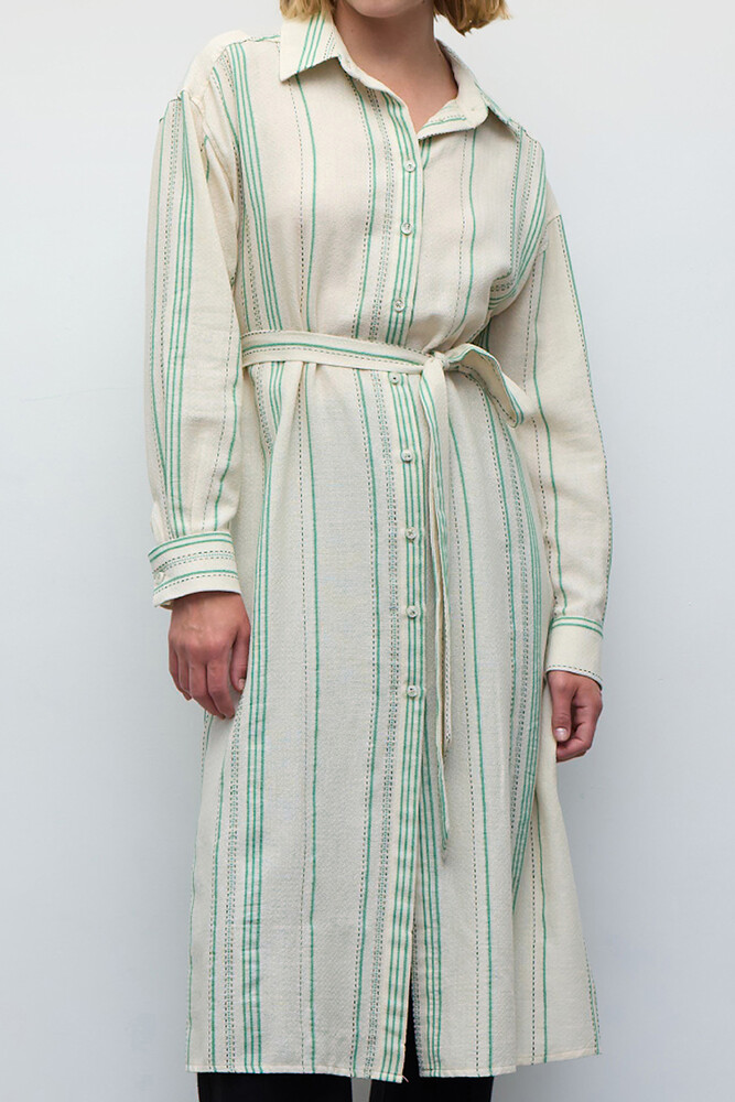 BE BLUE - YEŞİL ÇİZGİLİ UZUN GÖMLEK