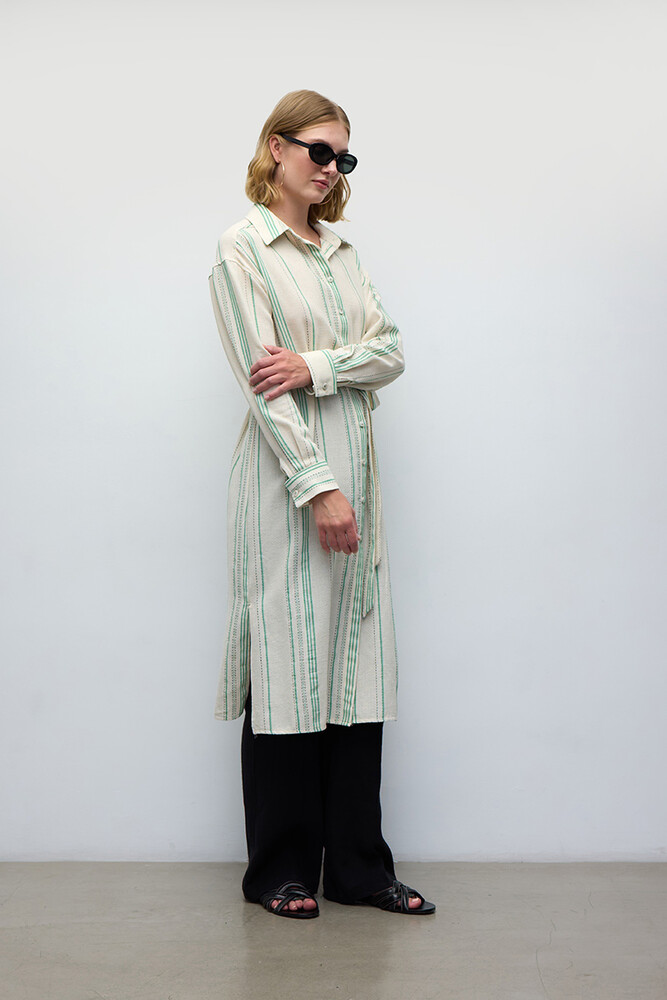 BE BLUE - YEŞİL ÇİZGİLİ UZUN GÖMLEK