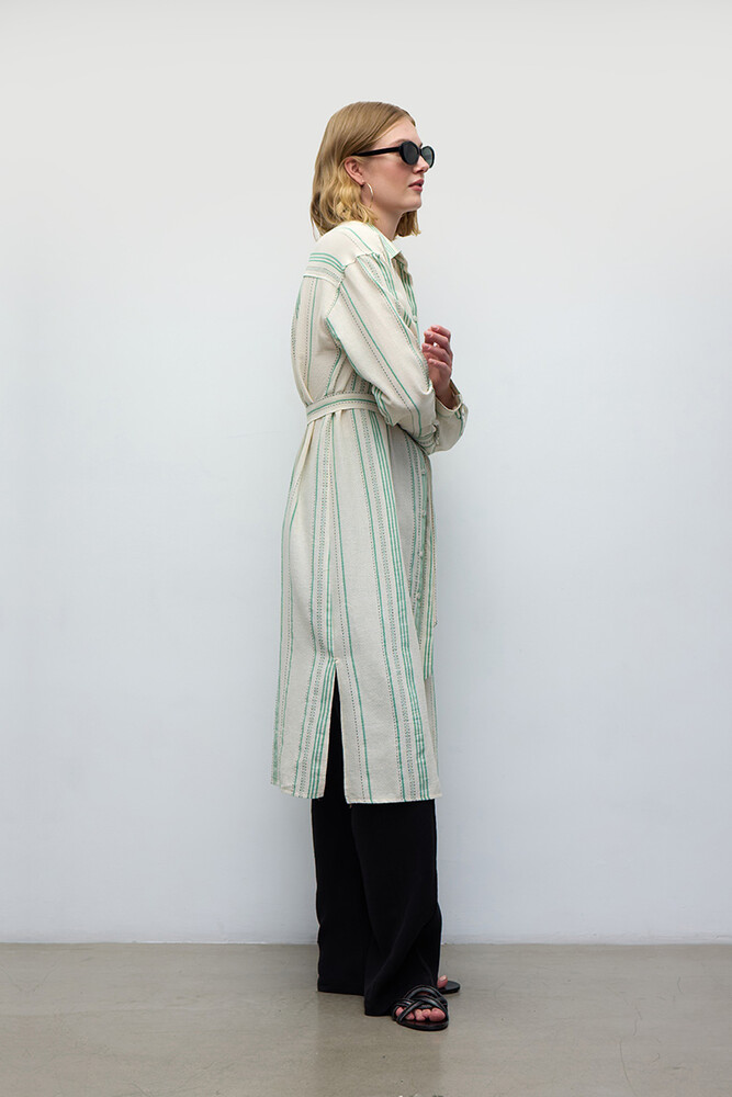 BE BLUE - YEŞİL ÇİZGİLİ UZUN GÖMLEK