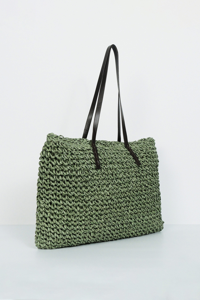 BE BLUE - YEŞİL DERİ SAPLI HASIR ÇANTA