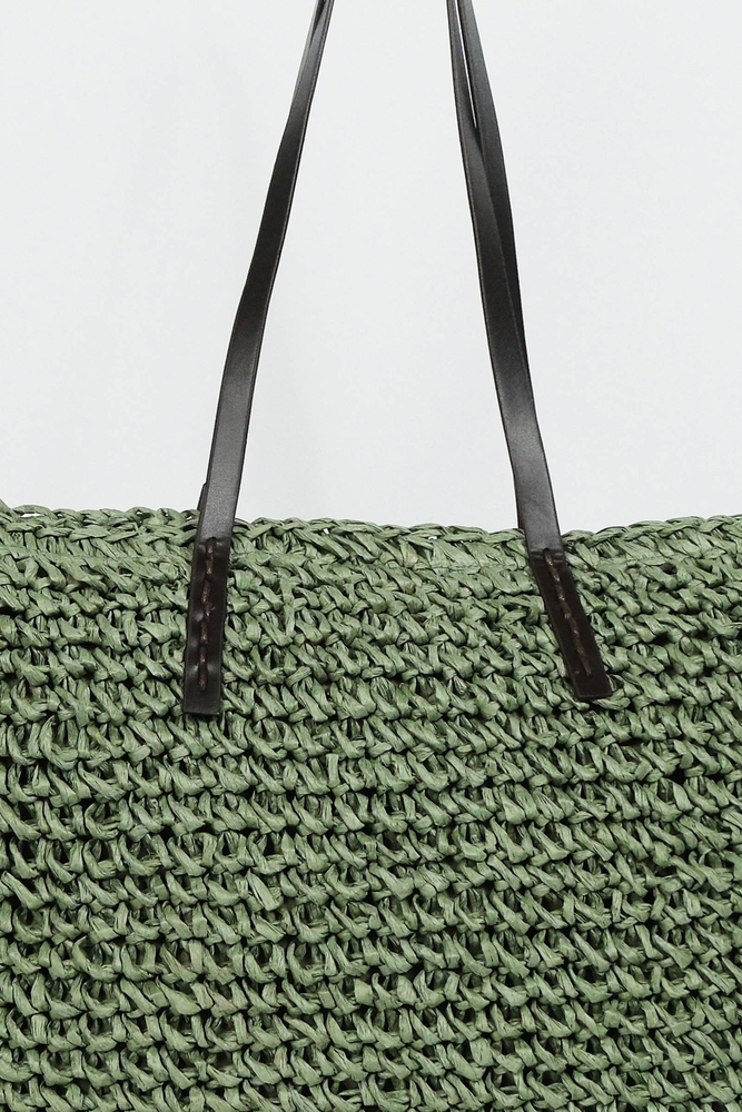 BE BLUE - YEŞİL DERİ SAPLI HASIR ÇANTA