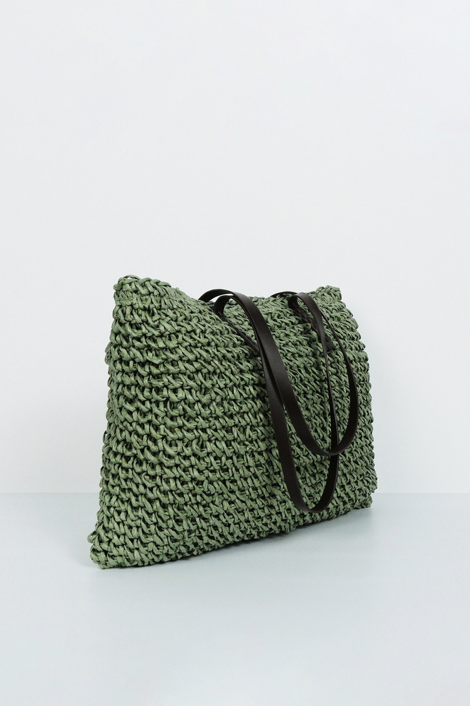 BE BLUE - YEŞİL DERİ SAPLI HASIR ÇANTA