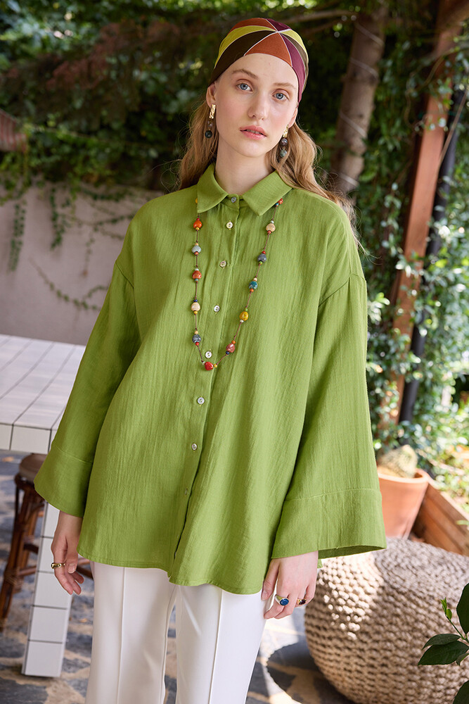 BE BLUE - YEŞİL KİMONO KOLLU MÜSLİN GÖMLEK