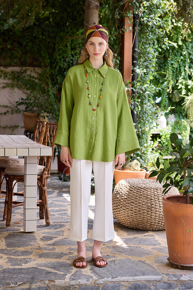 BE BLUE - YEŞİL KİMONO KOLLU MÜSLİN GÖMLEK