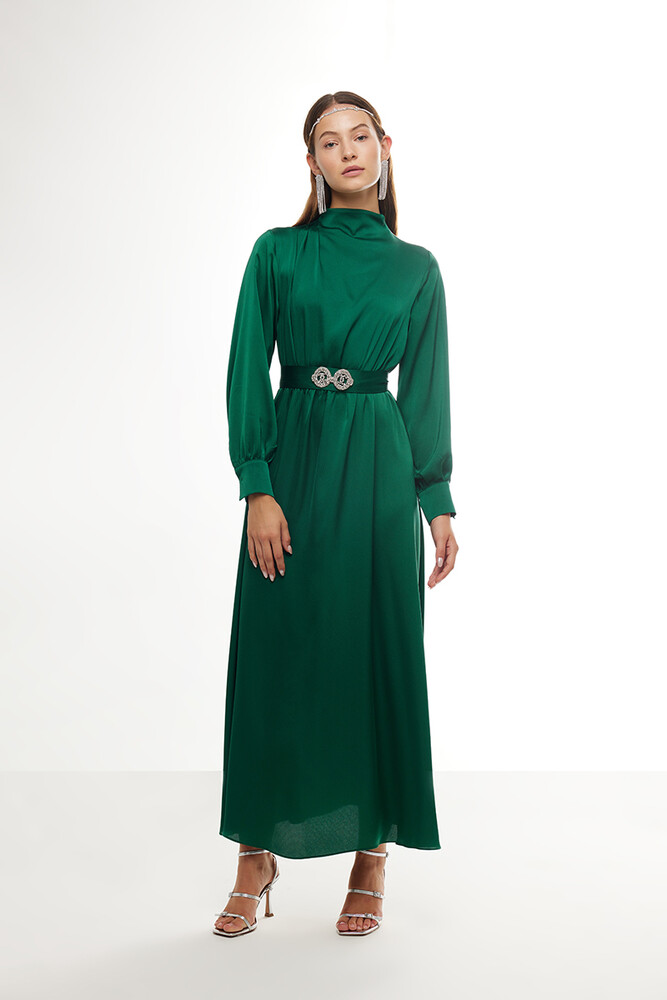 BE BLUE - YEŞİL TAŞLI SATEN ELBİSE