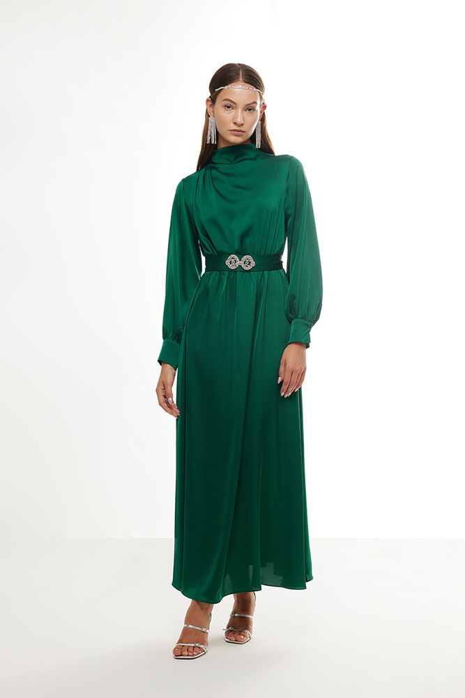 BE BLUE - YEŞİL TAŞLI SATEN ELBİSE