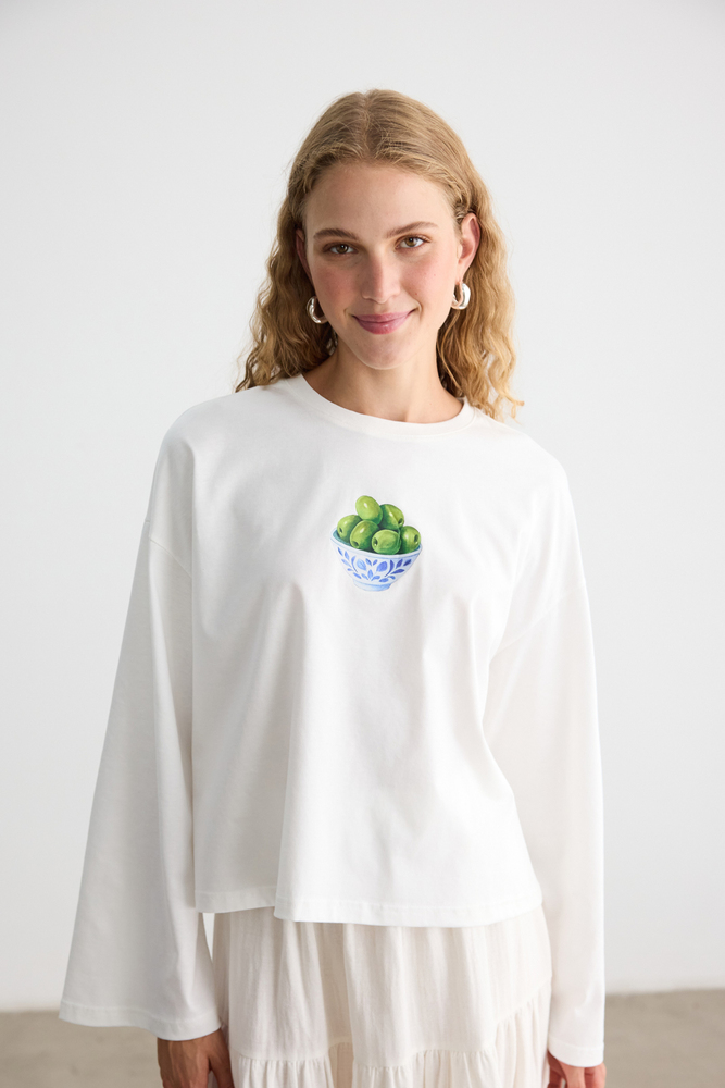 BE BLUE - ZEYTİN BASKILI UZUN KOLLU T-SHIRT