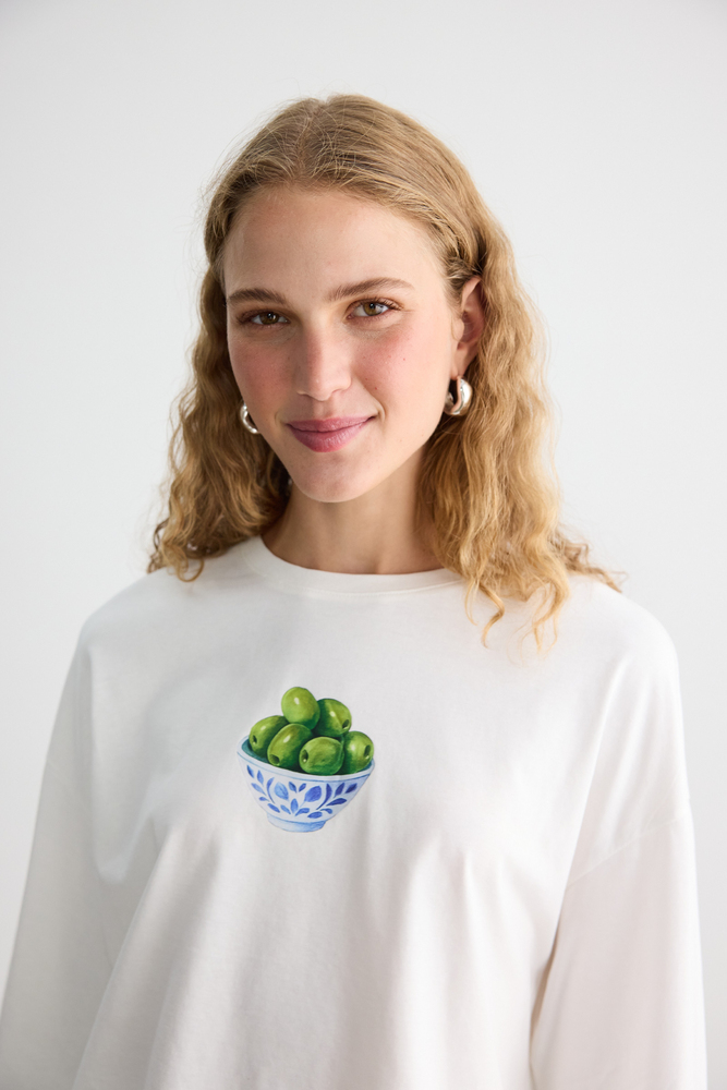 BE BLUE - ZEYTİN BASKILI UZUN KOLLU T-SHIRT