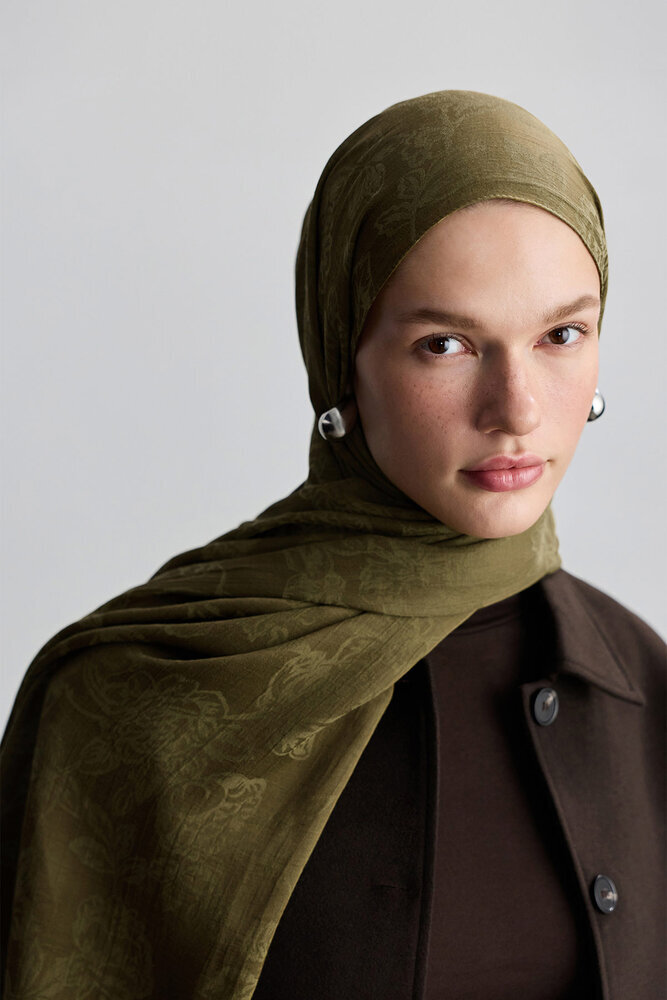 BE BLUE - ZEYTİN YEŞİLİ ROSE MAT JAKARLI ŞAL